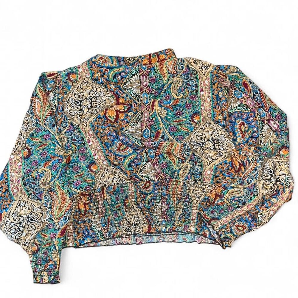 Womens' Multicolored Paisley Print Peasant Rusched Cropped Blouse Elegant SZ 5XL - Picture 2 of 4